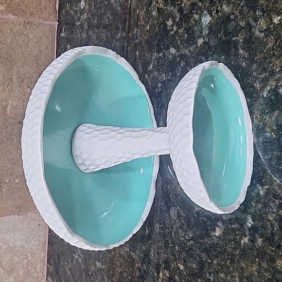 2 Tier Tray Jewelry Holder Ceramic Jewelry Dish Rings Earrings Teal and White - Picture 5 of 5